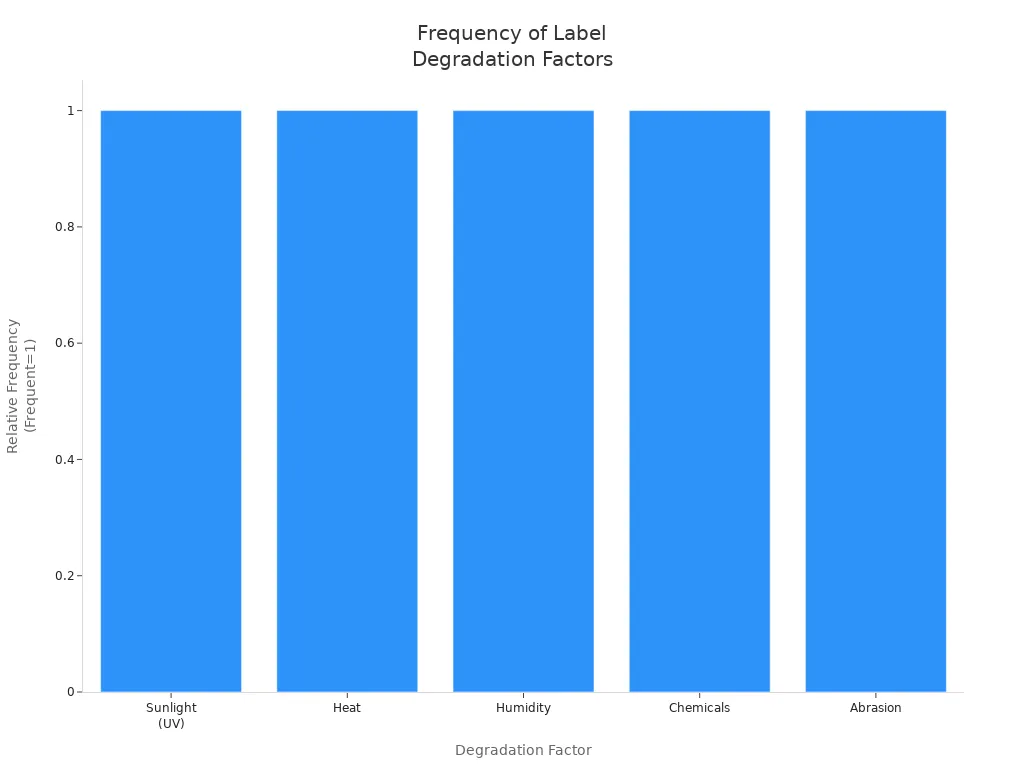 Bar chart showing all five factors as frequent contributors to label degradation