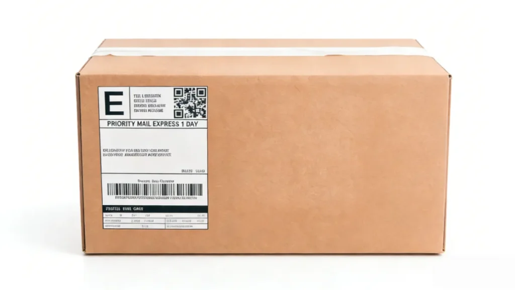 Properly labeled shipping box with clear barcode and address information