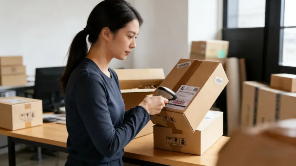 Worker scanning shipping label barcode on package during inspection
