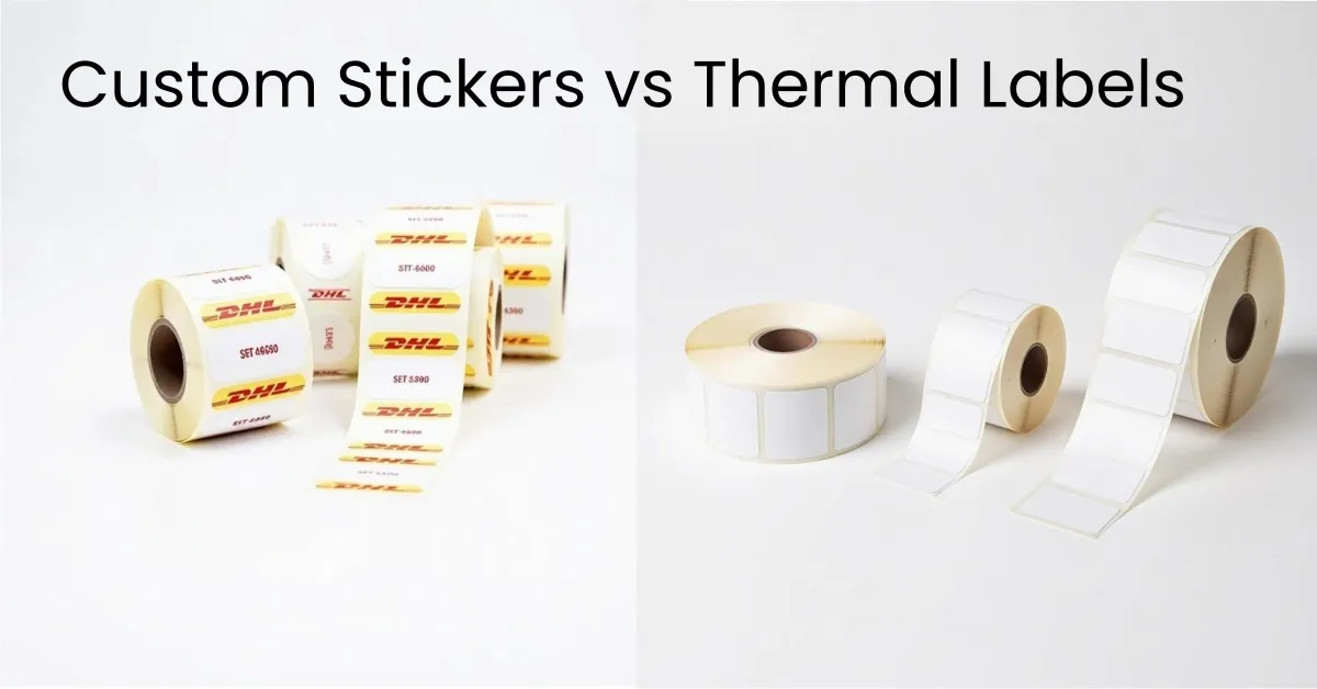 comparison of custom stickers and thermal labels showing different manufacturing formats