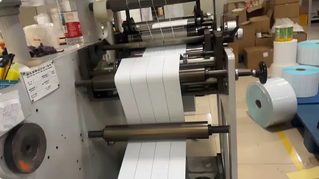 thermal label material feeding and slitting stage