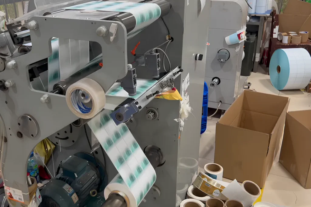 thermal label slitting and die cutting process on production line