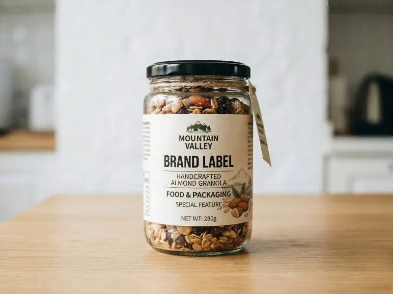food packaging label on granola jar with branding and product information
