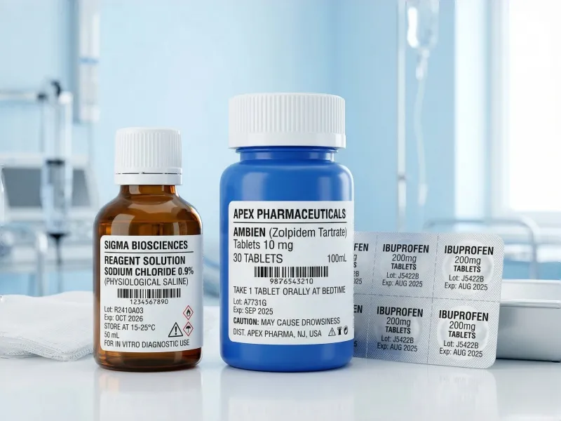 Pharmaceutical labels on medicine bottles and packaging with barcode and dosage information
