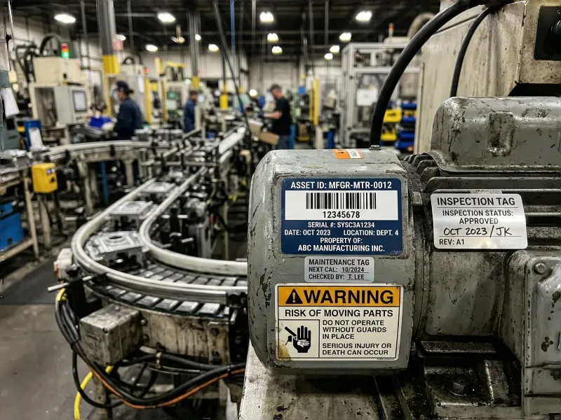 Durable barcode and warning labels used on industrial machinery for asset tracking