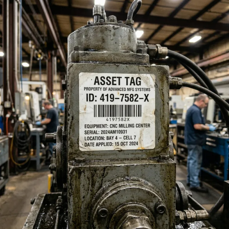 Thermal transfer asset label on industrial machinery with barcode for equipment identification in factory environment
