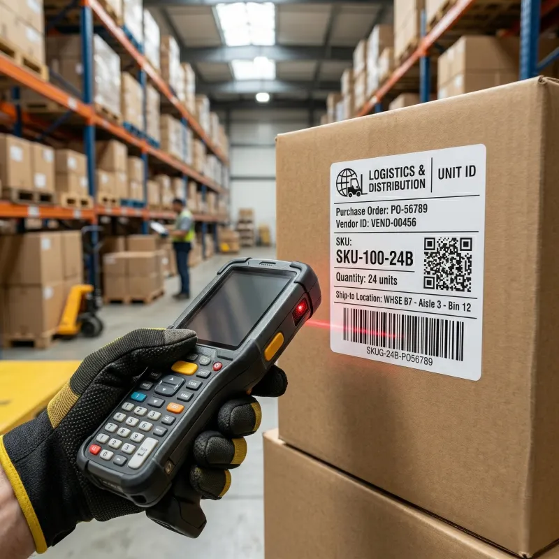 worker scanning barcode label on shipping box in warehouse using handheld scanner for inventory and logistics tracking