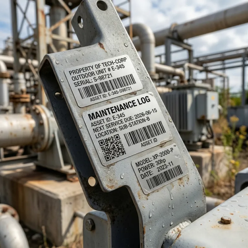 weather resistant barcode labels on outdoor industrial equipment exposed to moisture and harsh conditions for long term use